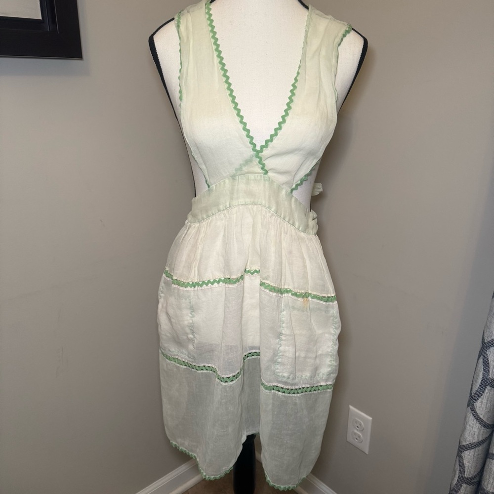 1930s Sheer Cotton Hostess Apron Dress Mint Green Ric Rac Wrap‎ Front